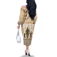 Tonga Father's Day Family Matching Off The Shoulder Long Sleeve Dress and Hawaiian Shirt Best Dad Ever Tongan Ngatu Pattern - Beige LT14 - Polynesian Pride