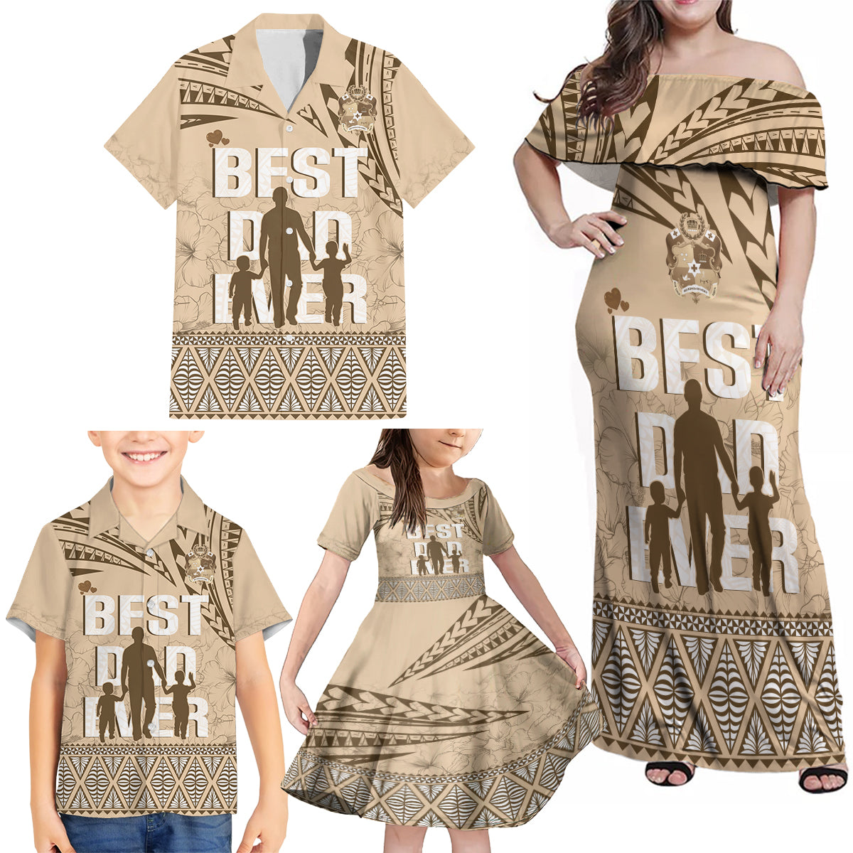 Tonga Father's Day Family Matching Off Shoulder Maxi Dress and Hawaiian Shirt Best Dad Ever Tongan Ngatu Pattern - Beige LT14 - Polynesian Pride