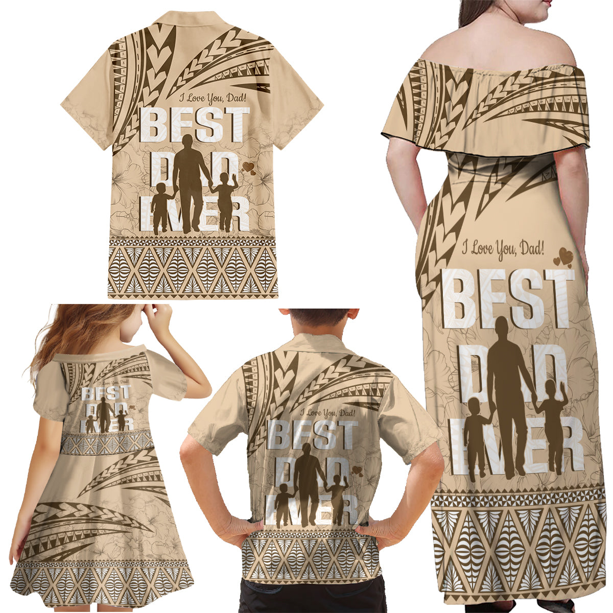 Tonga Father's Day Family Matching Off Shoulder Maxi Dress and Hawaiian Shirt Best Dad Ever Tongan Ngatu Pattern - Beige LT14 - Polynesian Pride