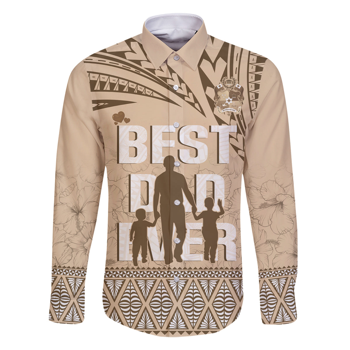 Tonga Father's Day Family Matching Off Shoulder Maxi Dress and Hawaiian Shirt Best Dad Ever Tongan Ngatu Pattern - Beige LT14 Dad's Shirt - Long Sleeve Beige - Polynesian Pride