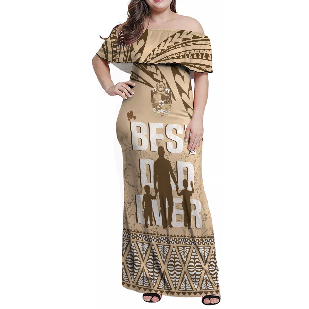 Tonga Father's Day Family Matching Off Shoulder Maxi Dress and Hawaiian Shirt Best Dad Ever Tongan Ngatu Pattern - Beige LT14 Mom's Dress Beige - Polynesian Pride
