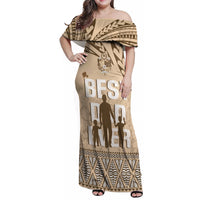 Tonga Father's Day Family Matching Off Shoulder Maxi Dress and Hawaiian Shirt Best Dad Ever Tongan Ngatu Pattern - Beige LT14 Mom's Dress Beige - Polynesian Pride