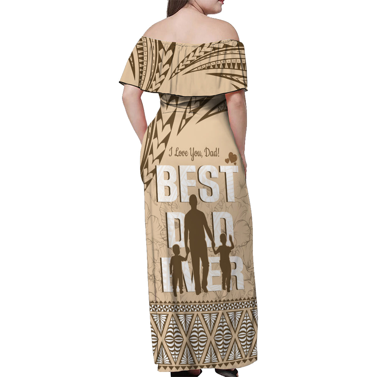Tonga Father's Day Family Matching Off Shoulder Maxi Dress and Hawaiian Shirt Best Dad Ever Tongan Ngatu Pattern - Beige LT14 - Polynesian Pride