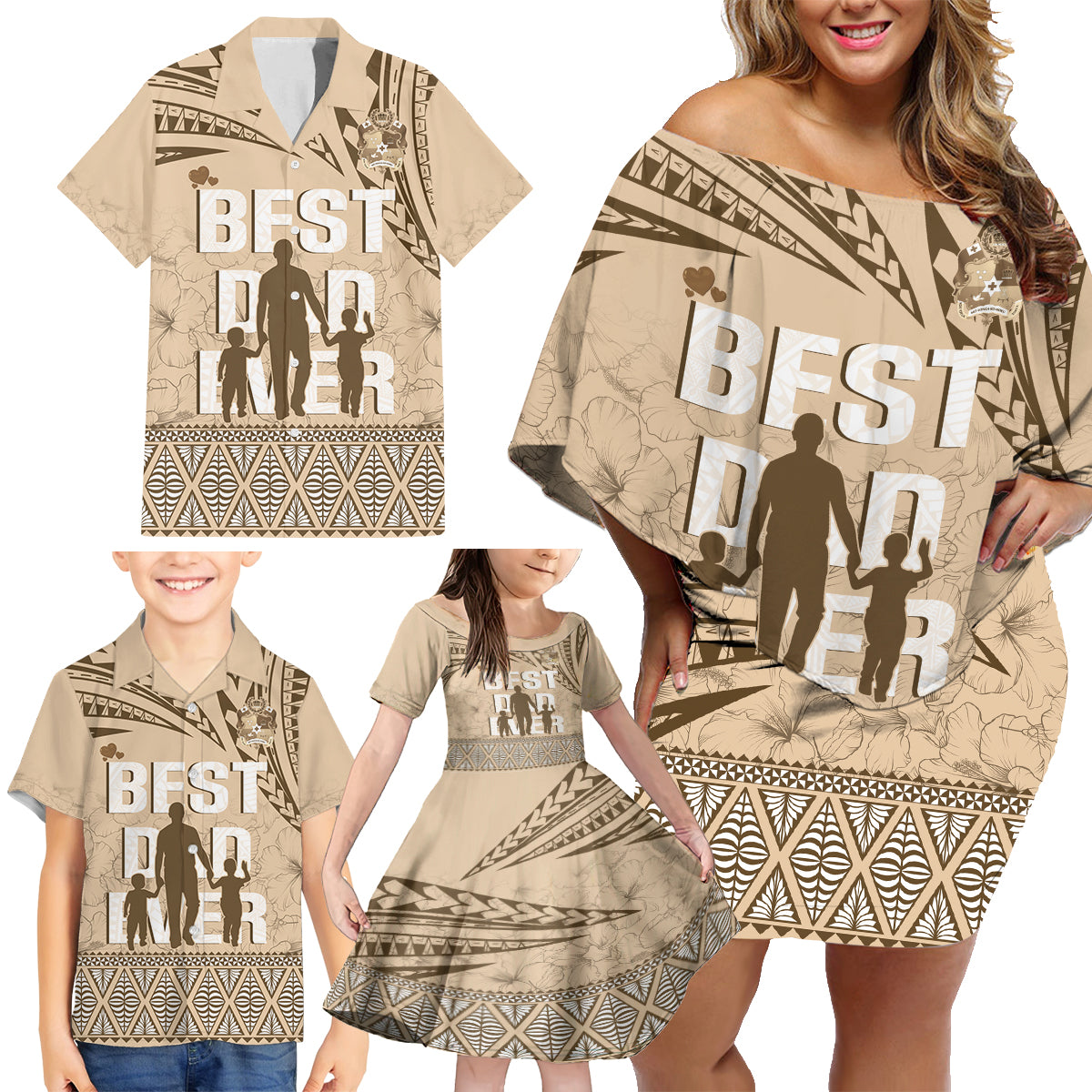 Tonga Father's Day Family Matching Off Shoulder Short Dress and Hawaiian Shirt Best Dad Ever Tongan Ngatu Pattern - Beige LT14 - Polynesian Pride