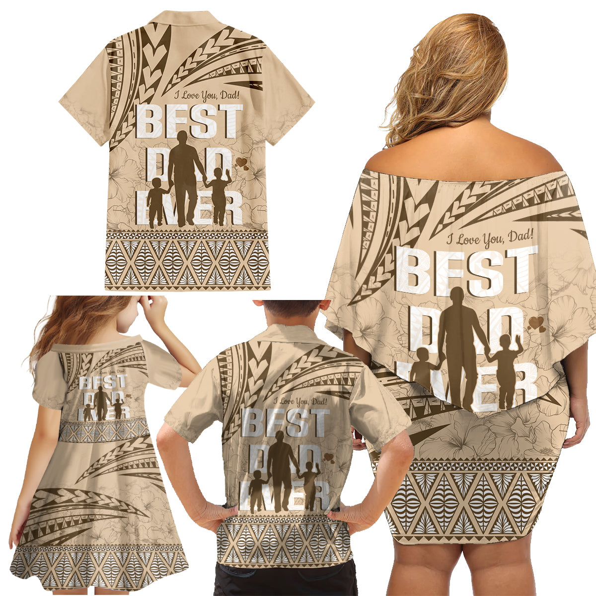 Tonga Father's Day Family Matching Off Shoulder Short Dress and Hawaiian Shirt Best Dad Ever Tongan Ngatu Pattern - Beige LT14 - Polynesian Pride