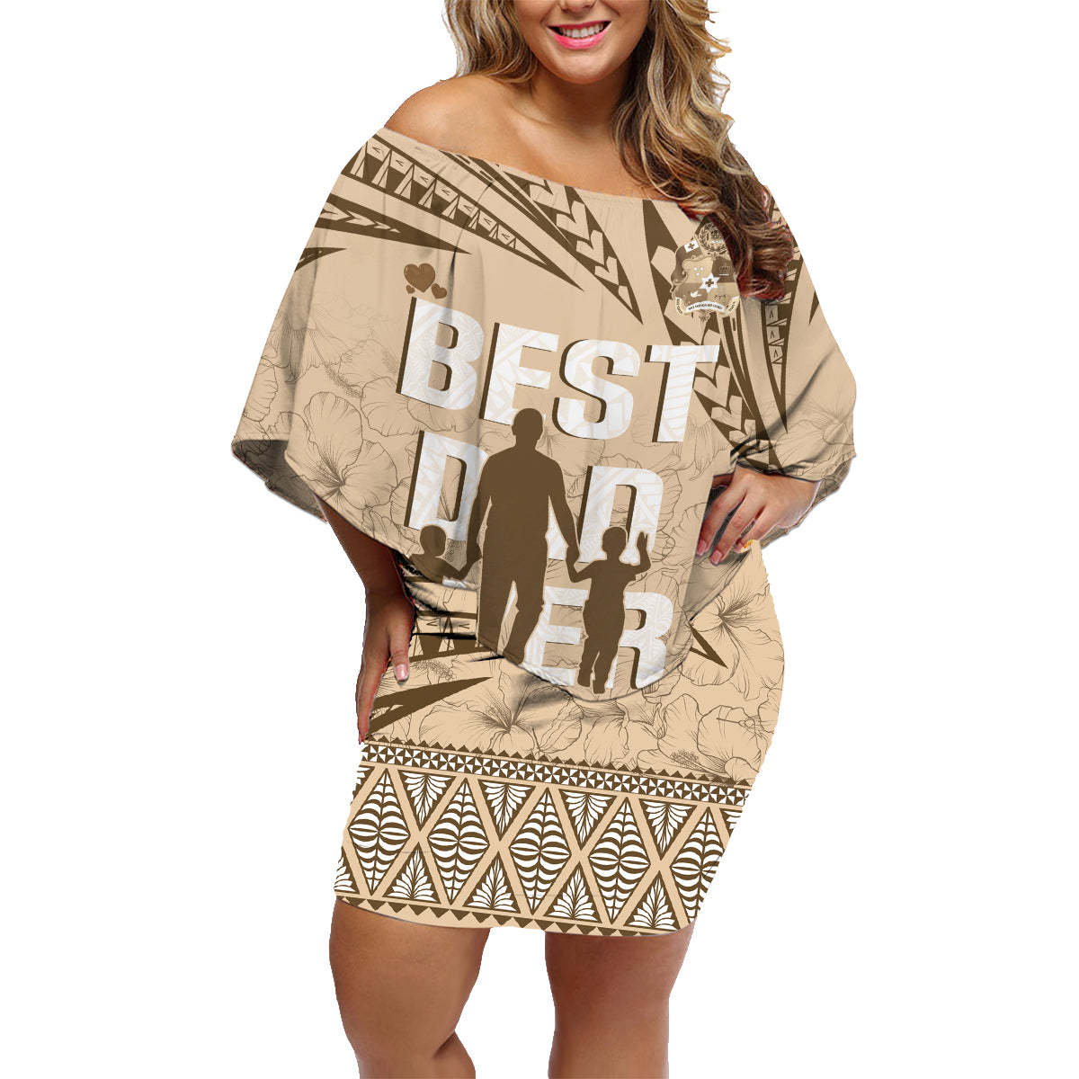 Tonga Father's Day Family Matching Off Shoulder Short Dress and Hawaiian Shirt Best Dad Ever Tongan Ngatu Pattern - Beige LT14 Mom's Dress Beige - Polynesian Pride