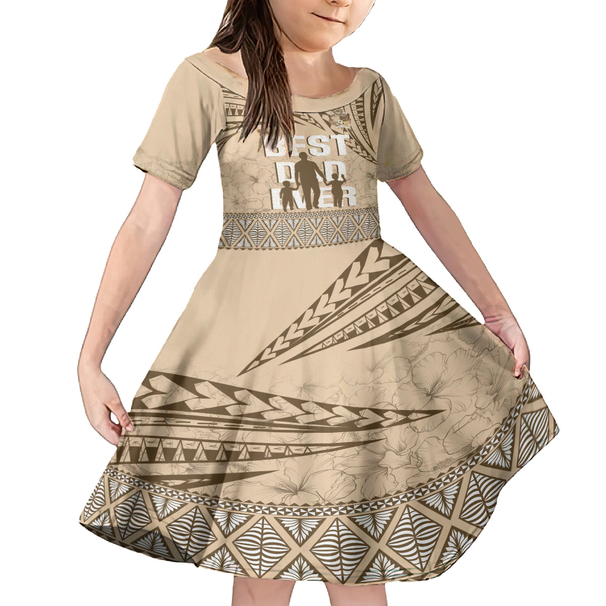 Tonga Father's Day Family Matching Puletasi and Hawaiian Shirt Best Dad Ever Tongan Ngatu Pattern - Beige LT14 Daughter's Dress Beige - Polynesian Pride