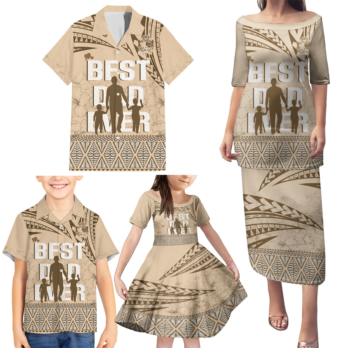 Tonga Father's Day Family Matching Puletasi and Hawaiian Shirt Best Dad Ever Tongan Ngatu Pattern - Beige LT14 - Polynesian Pride