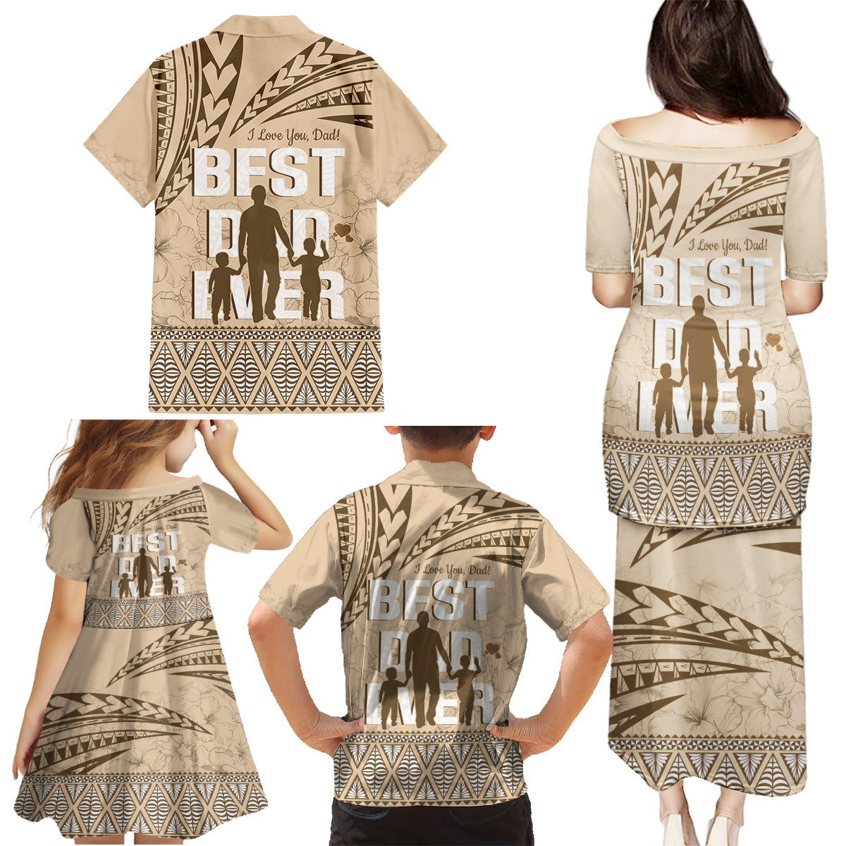 Tonga Father's Day Family Matching Puletasi and Hawaiian Shirt Best Dad Ever Tongan Ngatu Pattern - Beige LT14 - Polynesian Pride