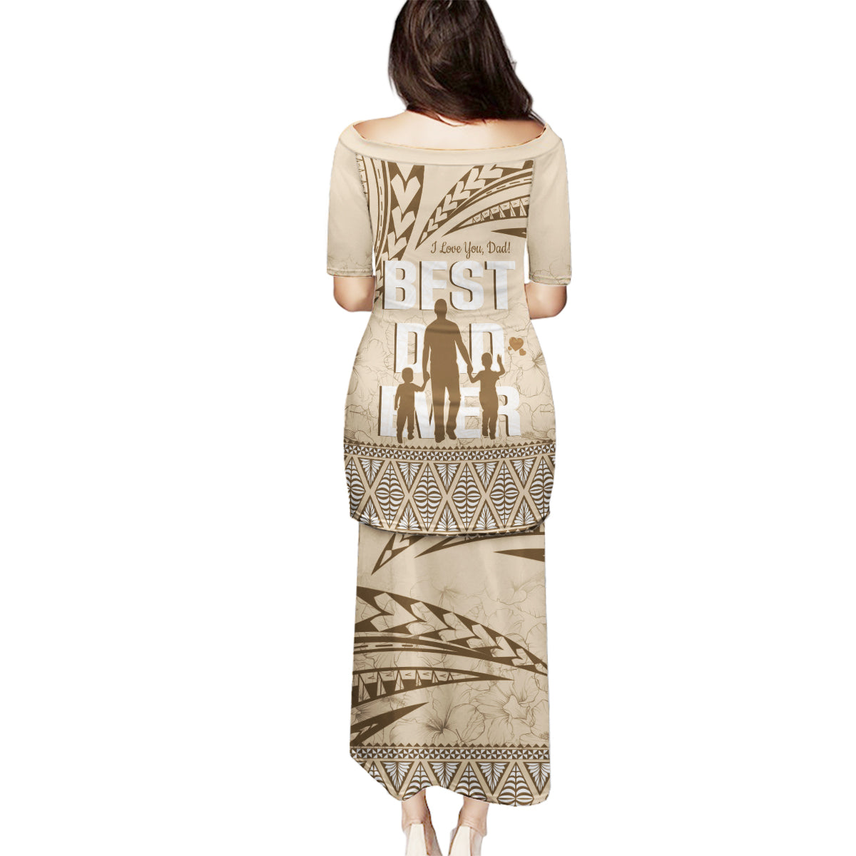 Tonga Father's Day Family Matching Puletasi and Hawaiian Shirt Best Dad Ever Tongan Ngatu Pattern - Beige LT14 - Polynesian Pride