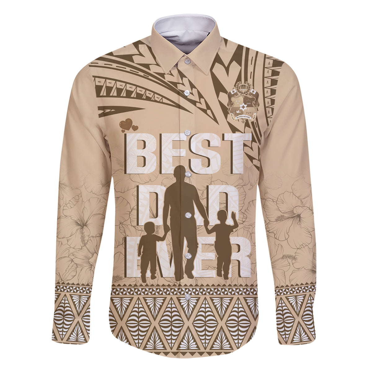 Tonga Father's Day Family Matching Short Sleeve Bodycon Dress and Hawaiian Shirt Best Dad Ever Tongan Ngatu Pattern - Beige LT14 Dad's Shirt - Long Sleeve Beige - Polynesian Pride