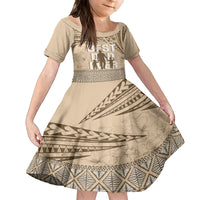 Tonga Father's Day Family Matching Summer Maxi Dress and Hawaiian Shirt Best Dad Ever Tongan Ngatu Pattern - Beige LT14 Daughter's Dress Beige - Polynesian Pride