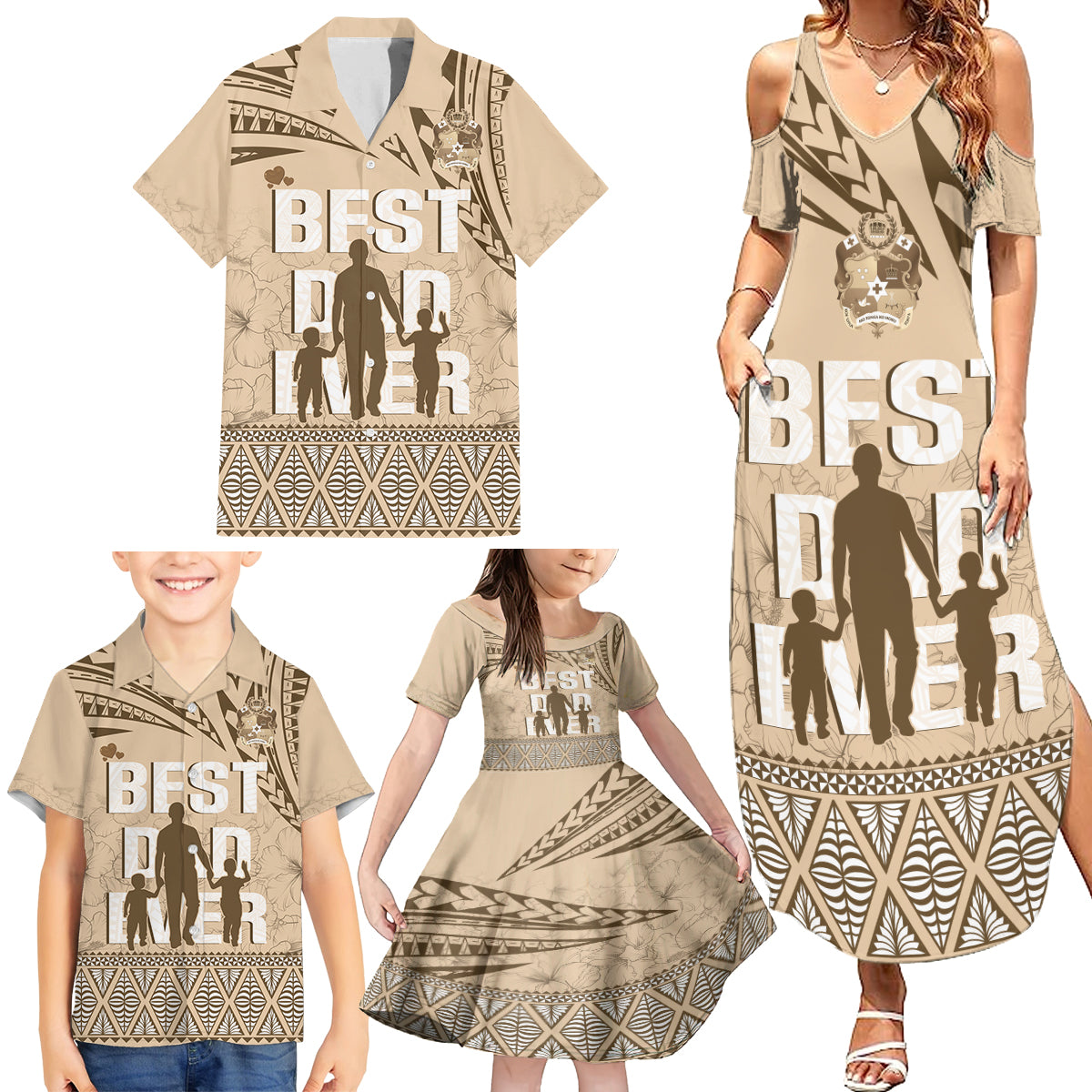 Tonga Father's Day Family Matching Summer Maxi Dress and Hawaiian Shirt Best Dad Ever Tongan Ngatu Pattern - Beige LT14 - Polynesian Pride
