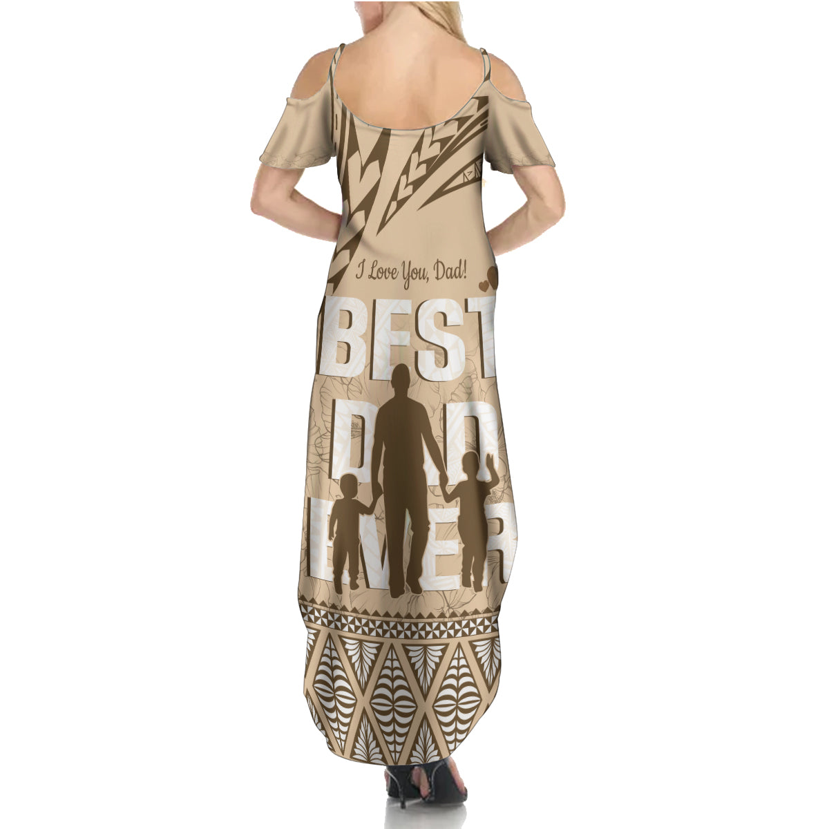 Tonga Father's Day Family Matching Summer Maxi Dress and Hawaiian Shirt Best Dad Ever Tongan Ngatu Pattern - Beige LT14 - Polynesian Pride