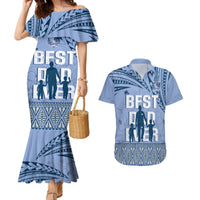 Tonga Father's Day Couples Matching Mermaid Dress and Hawaiian Shirt Best Dad Ever Tongan Ngatu Pattern - Blue LT14 Blue - Polynesian Pride