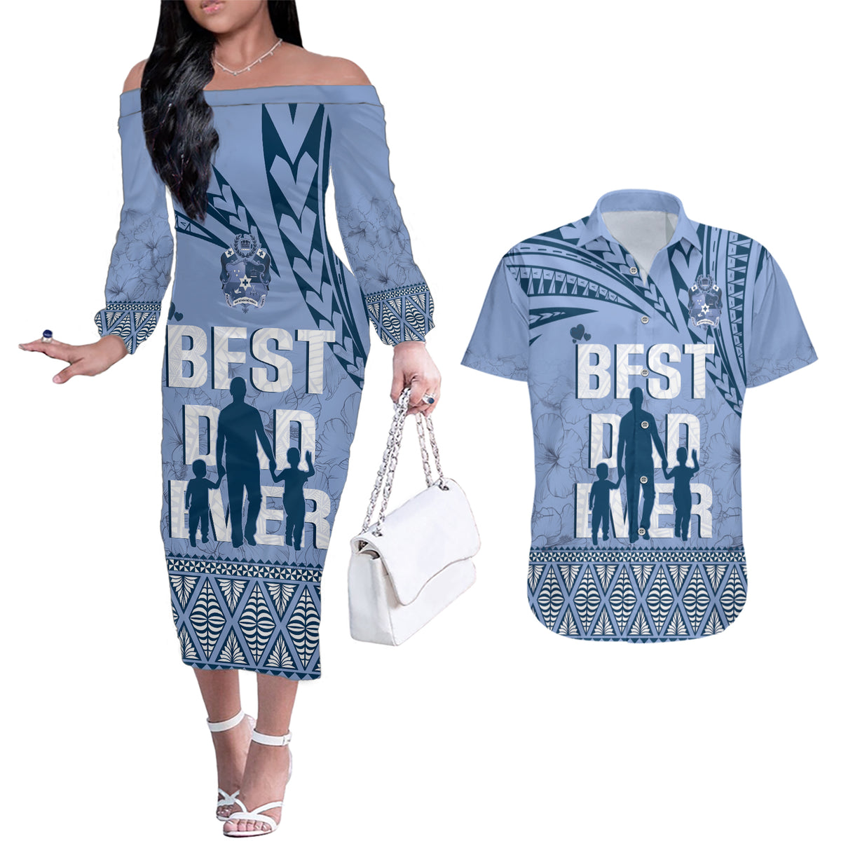 Tonga Father's Day Couples Matching Off The Shoulder Long Sleeve Dress and Hawaiian Shirt Best Dad Ever Tongan Ngatu Pattern - Blue LT14 Blue - Polynesian Pride