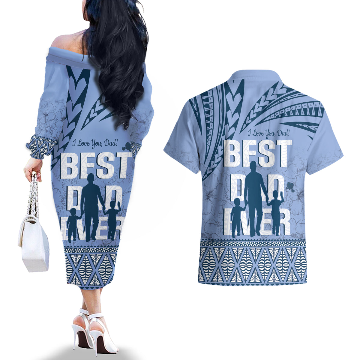 Tonga Father's Day Couples Matching Off The Shoulder Long Sleeve Dress and Hawaiian Shirt Best Dad Ever Tongan Ngatu Pattern - Blue LT14 - Polynesian Pride