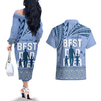Tonga Father's Day Couples Matching Off The Shoulder Long Sleeve Dress and Hawaiian Shirt Best Dad Ever Tongan Ngatu Pattern - Blue LT14 - Polynesian Pride