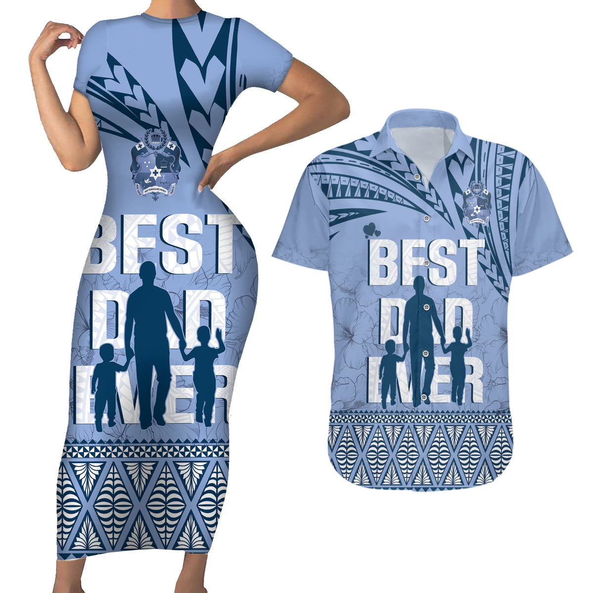 Tonga Father's Day Couples Matching Short Sleeve Bodycon Dress and Hawaiian Shirt Best Dad Ever Tongan Ngatu Pattern - Blue LT14 Blue - Polynesian Pride