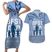 Tonga Father's Day Couples Matching Short Sleeve Bodycon Dress and Hawaiian Shirt Best Dad Ever Tongan Ngatu Pattern - Blue LT14 Blue - Polynesian Pride