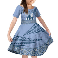 Tonga Father's Day Family Matching Off The Shoulder Long Sleeve Dress and Hawaiian Shirt Best Dad Ever Tongan Ngatu Pattern - Blue LT14 Daughter's Dress Blue - Polynesian Pride