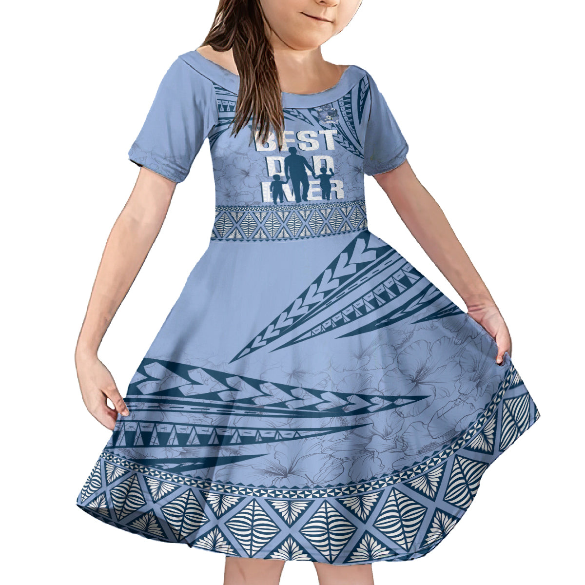 Tonga Father's Day Family Matching Off Shoulder Maxi Dress and Hawaiian Shirt Best Dad Ever Tongan Ngatu Pattern - Blue LT14 Daughter's Dress Blue - Polynesian Pride