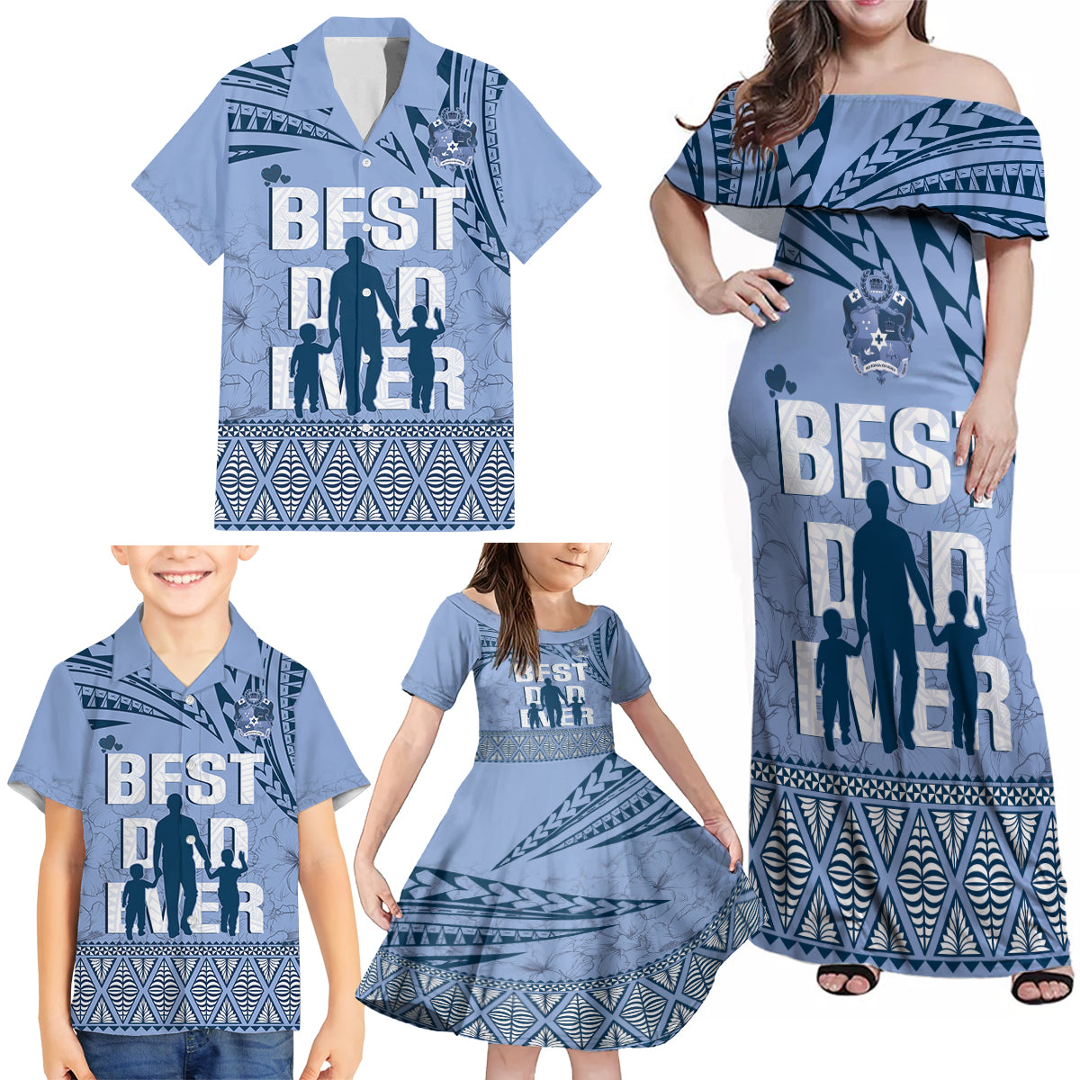 Tonga Father's Day Family Matching Off Shoulder Maxi Dress and Hawaiian Shirt Best Dad Ever Tongan Ngatu Pattern - Blue LT14 - Polynesian Pride
