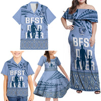 Tonga Father's Day Family Matching Off Shoulder Maxi Dress and Hawaiian Shirt Best Dad Ever Tongan Ngatu Pattern - Blue LT14 - Polynesian Pride