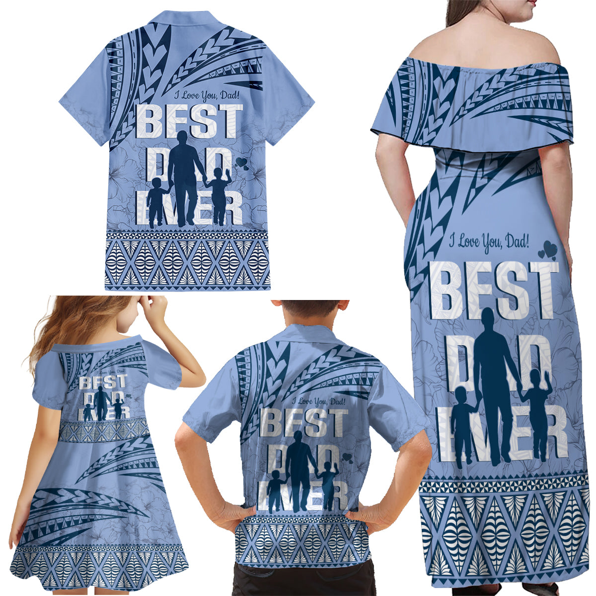 Tonga Father's Day Family Matching Off Shoulder Maxi Dress and Hawaiian Shirt Best Dad Ever Tongan Ngatu Pattern - Blue LT14 - Polynesian Pride
