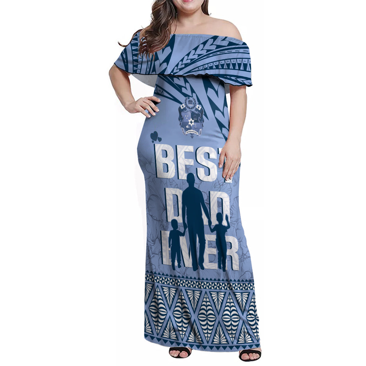 Tonga Father's Day Family Matching Off Shoulder Maxi Dress and Hawaiian Shirt Best Dad Ever Tongan Ngatu Pattern - Blue LT14 Mom's Dress Blue - Polynesian Pride