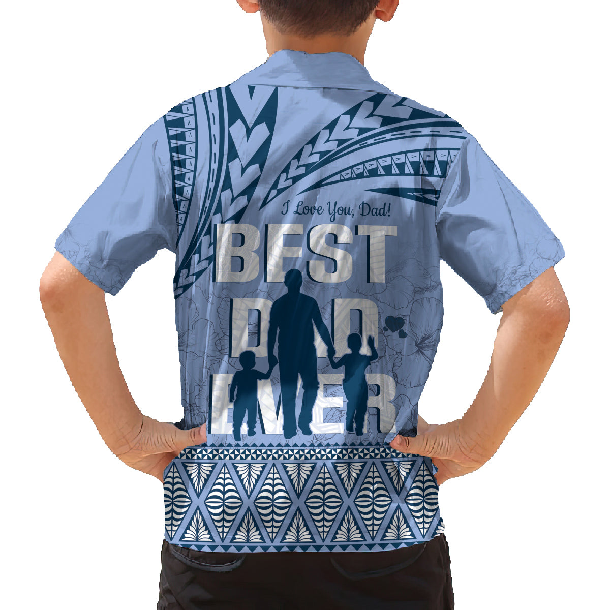 Tonga Father's Day Family Matching Off Shoulder Short Dress and Hawaiian Shirt Best Dad Ever Tongan Ngatu Pattern - Blue LT14 - Polynesian Pride