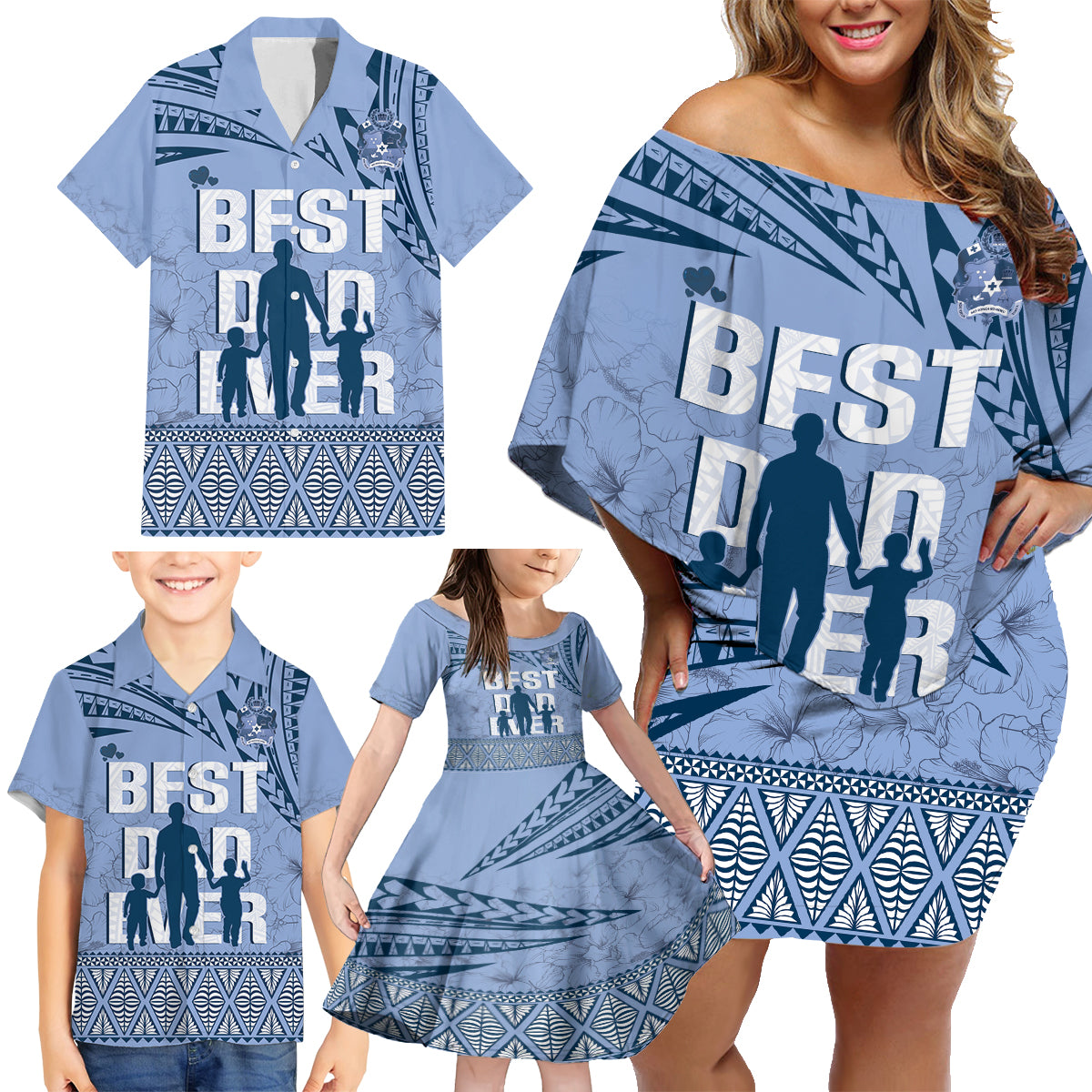 Tonga Father's Day Family Matching Off Shoulder Short Dress and Hawaiian Shirt Best Dad Ever Tongan Ngatu Pattern - Blue LT14 - Polynesian Pride
