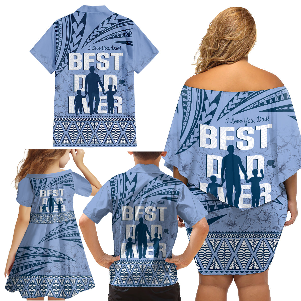 Tonga Father's Day Family Matching Off Shoulder Short Dress and Hawaiian Shirt Best Dad Ever Tongan Ngatu Pattern - Blue LT14 - Polynesian Pride