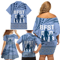 Tonga Father's Day Family Matching Off Shoulder Short Dress and Hawaiian Shirt Best Dad Ever Tongan Ngatu Pattern - Blue LT14 - Polynesian Pride