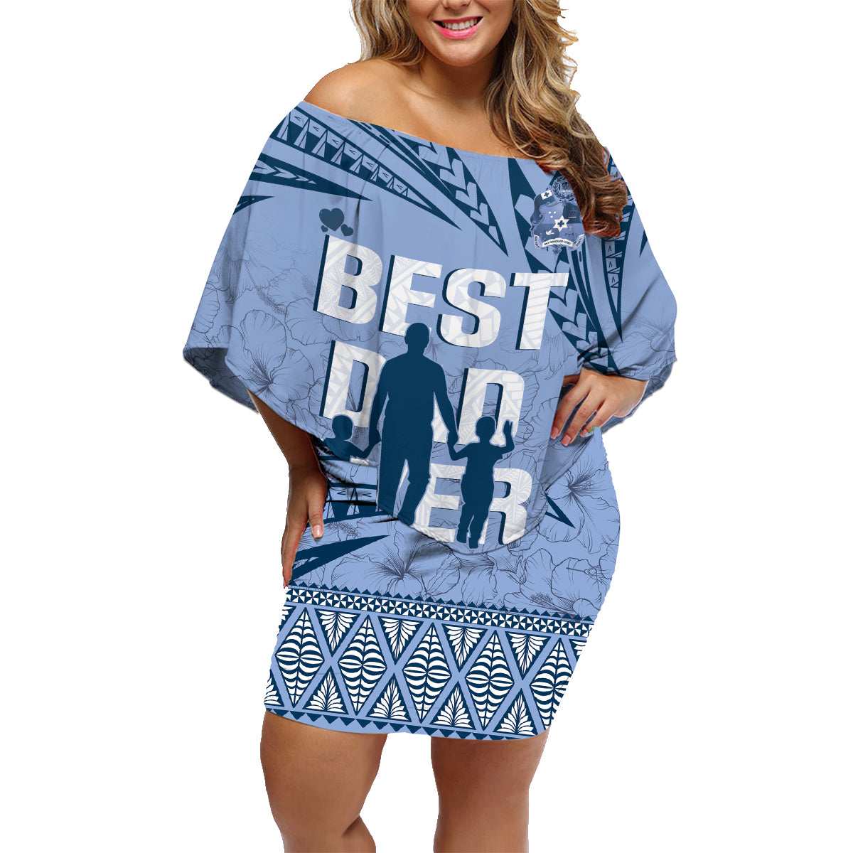 Tonga Father's Day Family Matching Off Shoulder Short Dress and Hawaiian Shirt Best Dad Ever Tongan Ngatu Pattern - Blue LT14 Mom's Dress Blue - Polynesian Pride