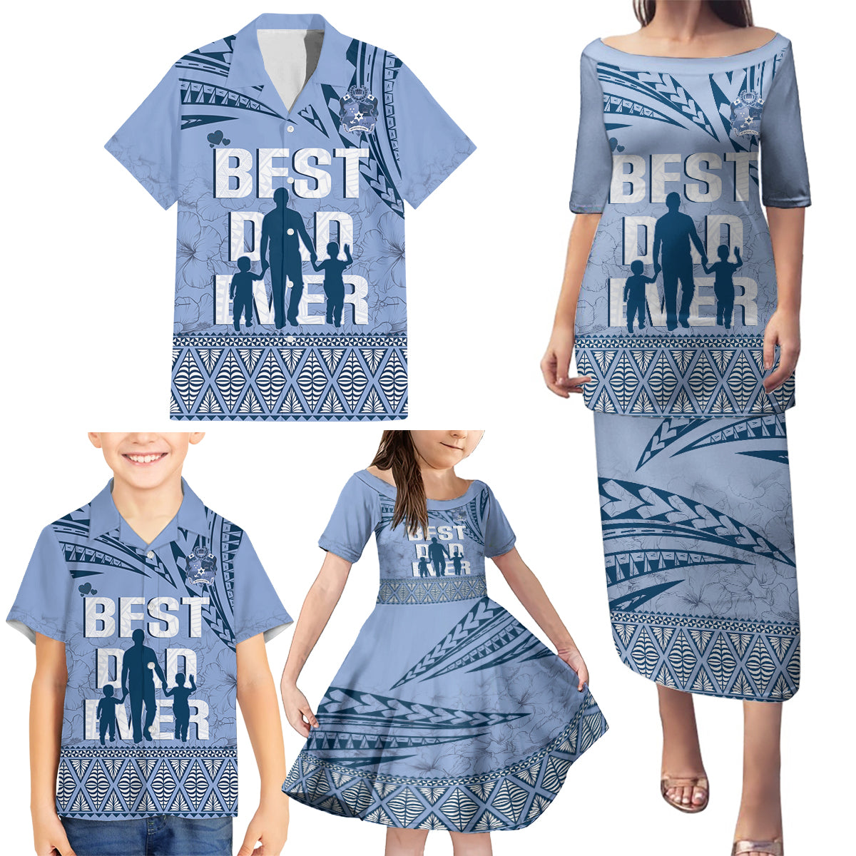 Tonga Father's Day Family Matching Puletasi and Hawaiian Shirt Best Dad Ever Tongan Ngatu Pattern - Blue LT14 - Polynesian Pride