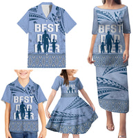 Tonga Father's Day Family Matching Puletasi and Hawaiian Shirt Best Dad Ever Tongan Ngatu Pattern - Blue LT14 - Polynesian Pride