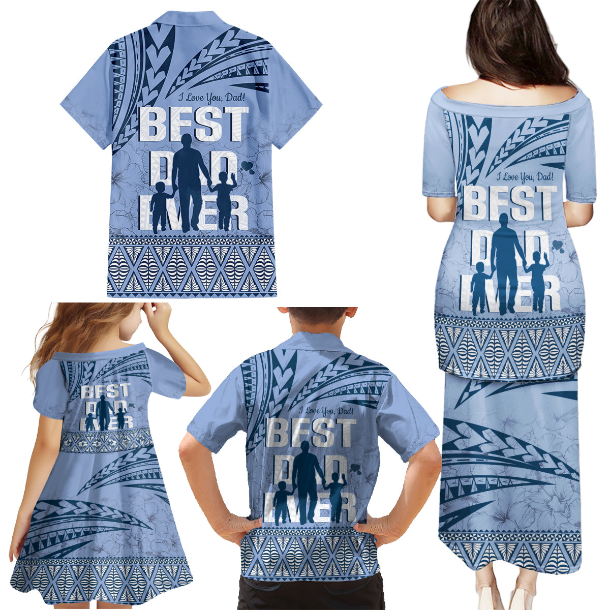 Tonga Father's Day Family Matching Puletasi and Hawaiian Shirt Best Dad Ever Tongan Ngatu Pattern - Blue LT14 - Polynesian Pride