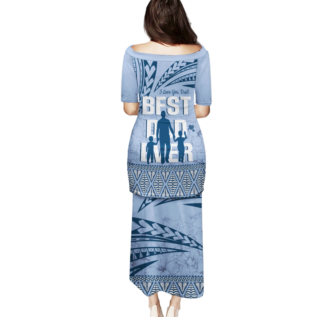 Tonga Father's Day Family Matching Puletasi and Hawaiian Shirt Best Dad Ever Tongan Ngatu Pattern - Blue LT14 - Polynesian Pride