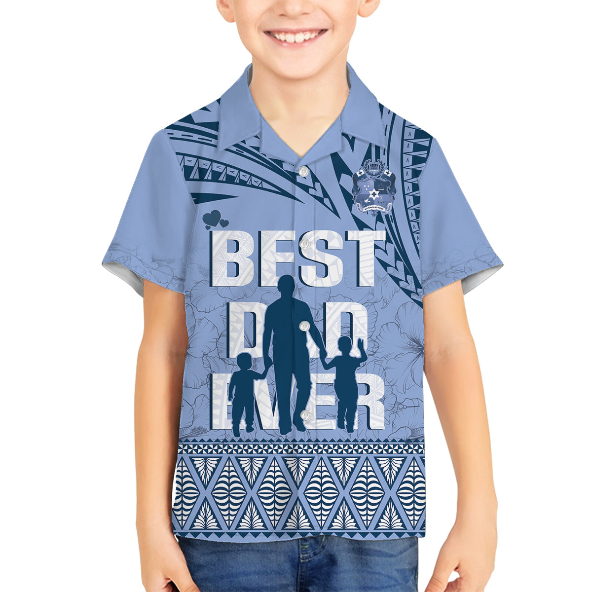 Tonga Father's Day Family Matching Puletasi and Hawaiian Shirt Best Dad Ever Tongan Ngatu Pattern - Blue LT14 Son's Shirt Blue - Polynesian Pride