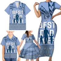 Tonga Father's Day Family Matching Short Sleeve Bodycon Dress and Hawaiian Shirt Best Dad Ever Tongan Ngatu Pattern - Blue LT14 - Polynesian Pride