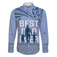Tonga Father's Day Family Matching Short Sleeve Bodycon Dress and Hawaiian Shirt Best Dad Ever Tongan Ngatu Pattern - Blue LT14 Dad's Shirt - Long Sleeve Blue - Polynesian Pride