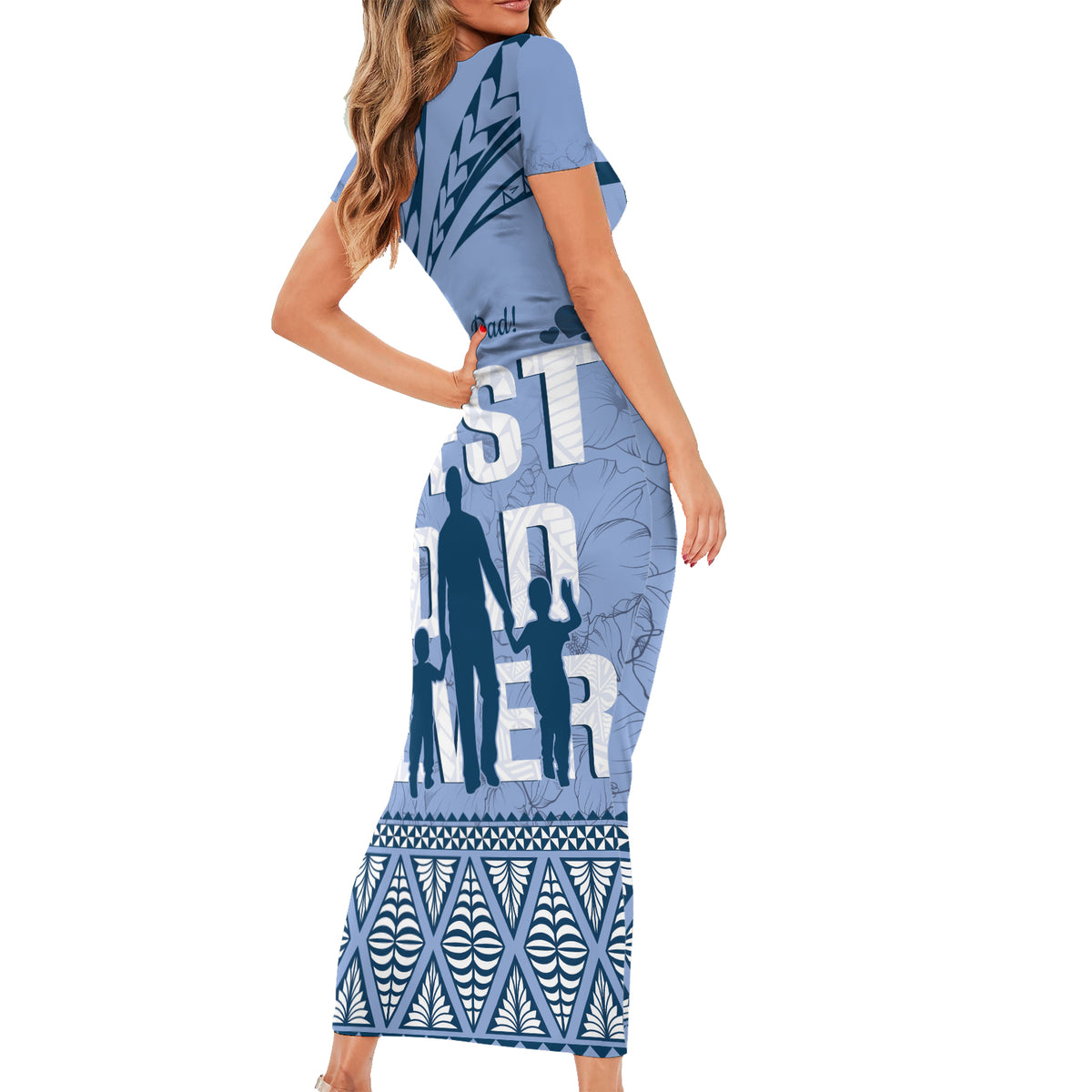 Tonga Father's Day Family Matching Short Sleeve Bodycon Dress and Hawaiian Shirt Best Dad Ever Tongan Ngatu Pattern - Blue LT14 - Polynesian Pride