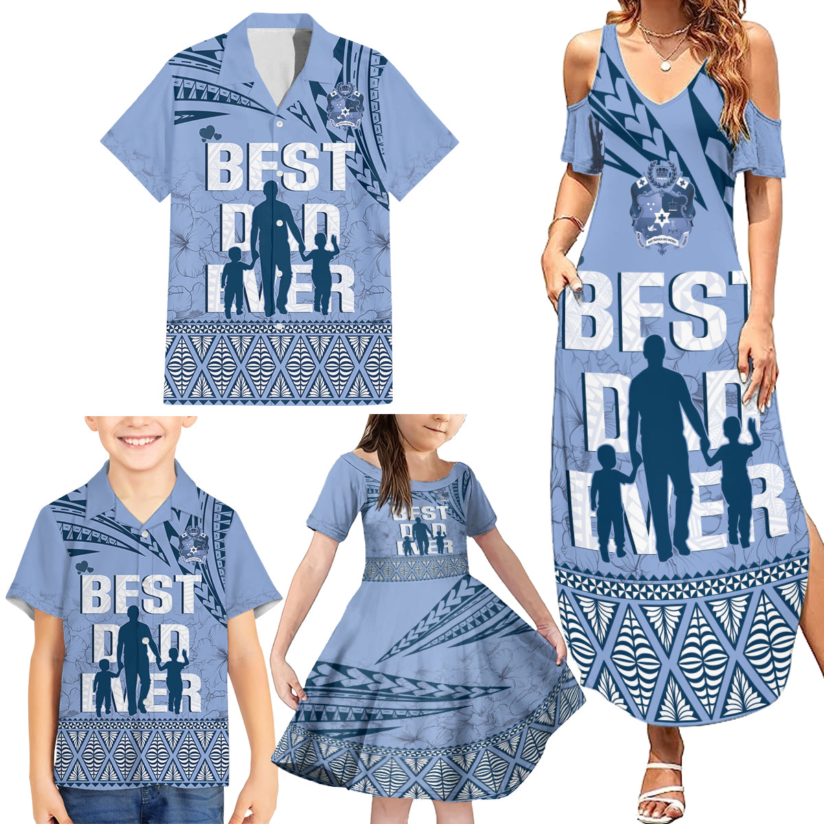 Tonga Father's Day Family Matching Summer Maxi Dress and Hawaiian Shirt Best Dad Ever Tongan Ngatu Pattern - Blue LT14 - Polynesian Pride