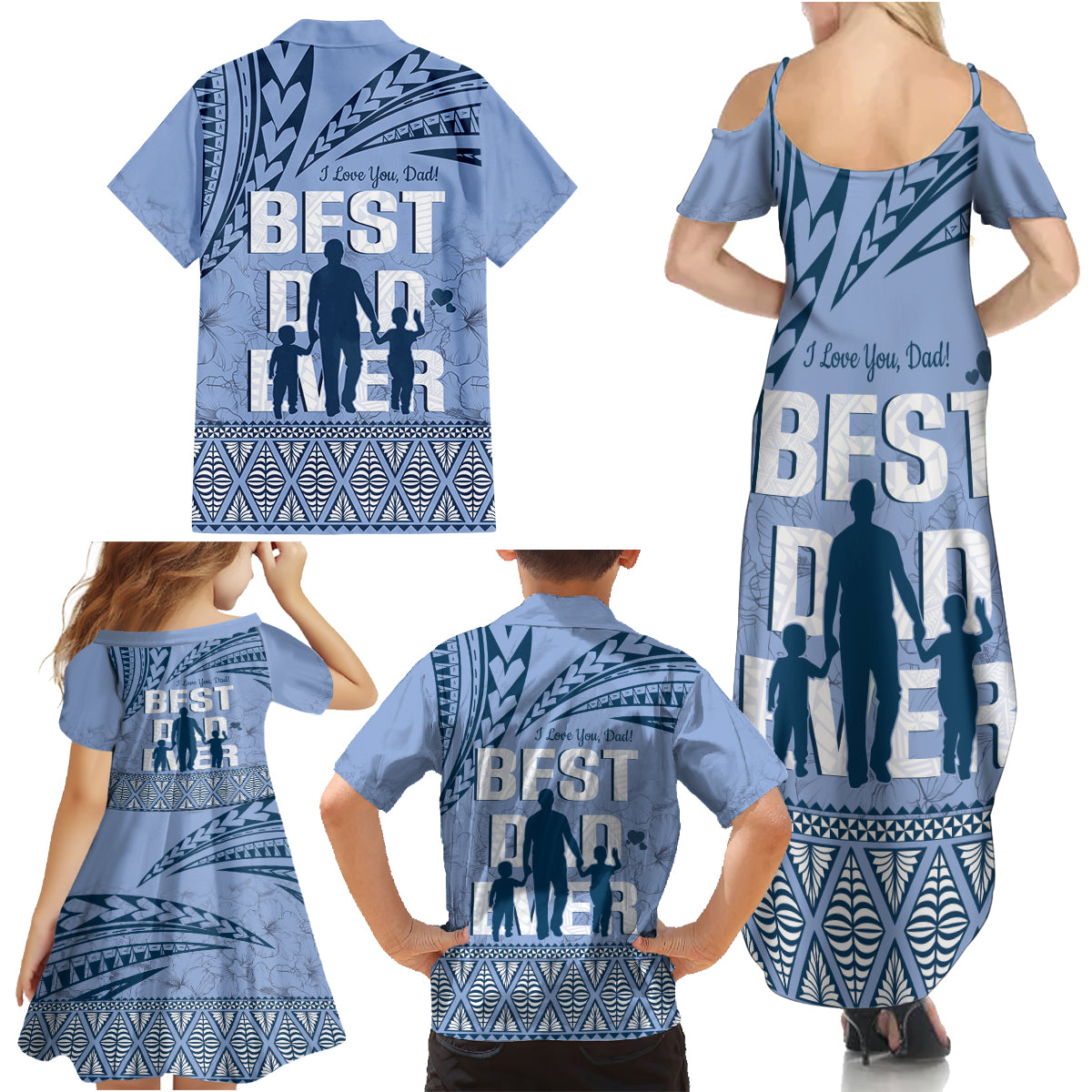 Tonga Father's Day Family Matching Summer Maxi Dress and Hawaiian Shirt Best Dad Ever Tongan Ngatu Pattern - Blue LT14 - Polynesian Pride