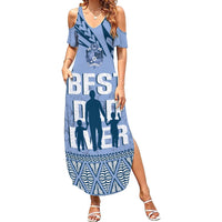 Tonga Father's Day Family Matching Summer Maxi Dress and Hawaiian Shirt Best Dad Ever Tongan Ngatu Pattern - Blue LT14 Mom's Dress Blue - Polynesian Pride