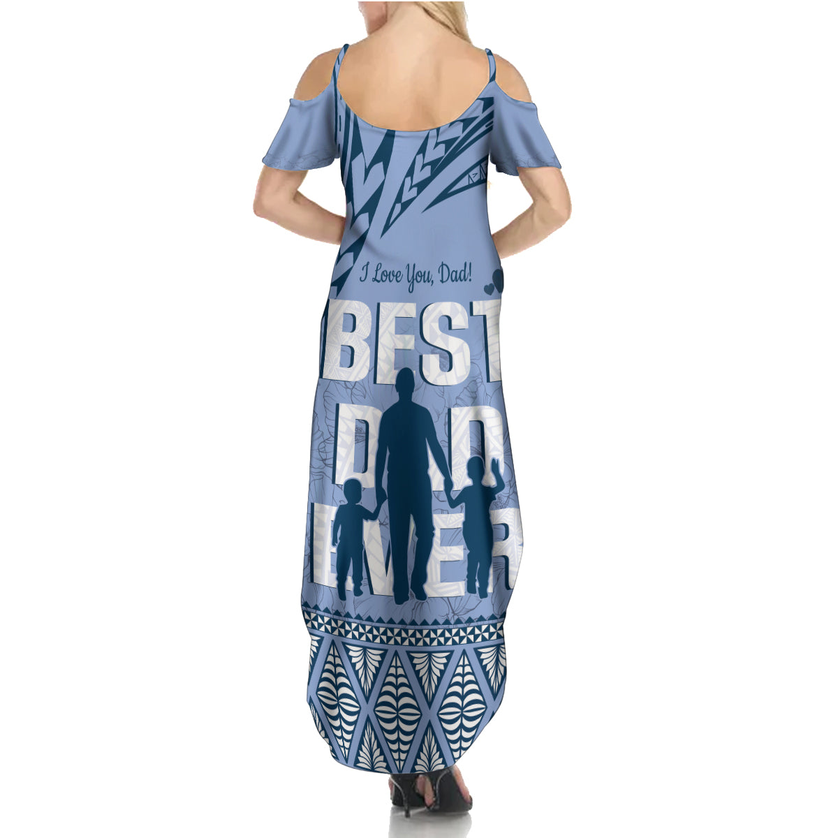 Tonga Father's Day Family Matching Summer Maxi Dress and Hawaiian Shirt Best Dad Ever Tongan Ngatu Pattern - Blue LT14 - Polynesian Pride