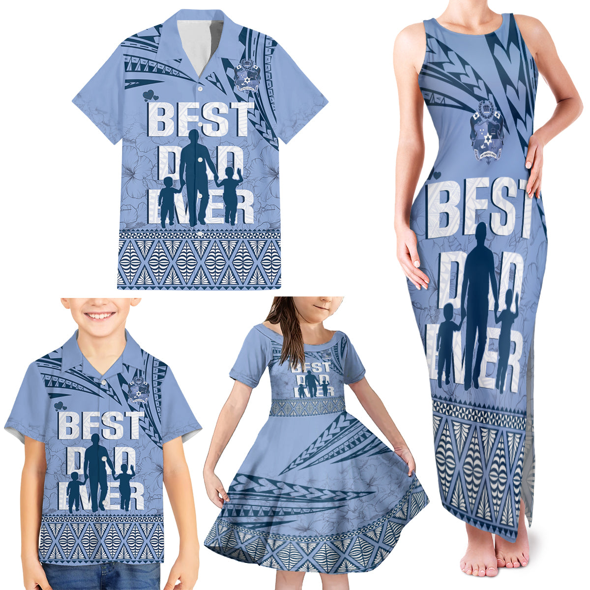 Tonga Father's Day Family Matching Tank Maxi Dress and Hawaiian Shirt Best Dad Ever Tongan Ngatu Pattern - Blue LT14 - Polynesian Pride