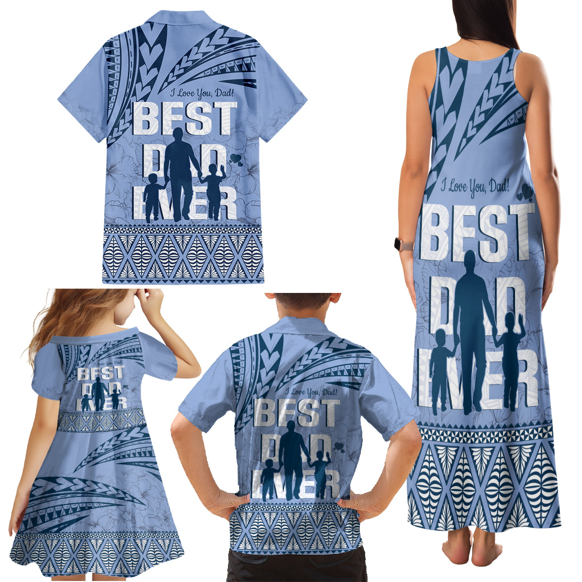 Tonga Father's Day Family Matching Tank Maxi Dress and Hawaiian Shirt Best Dad Ever Tongan Ngatu Pattern - Blue LT14 - Polynesian Pride