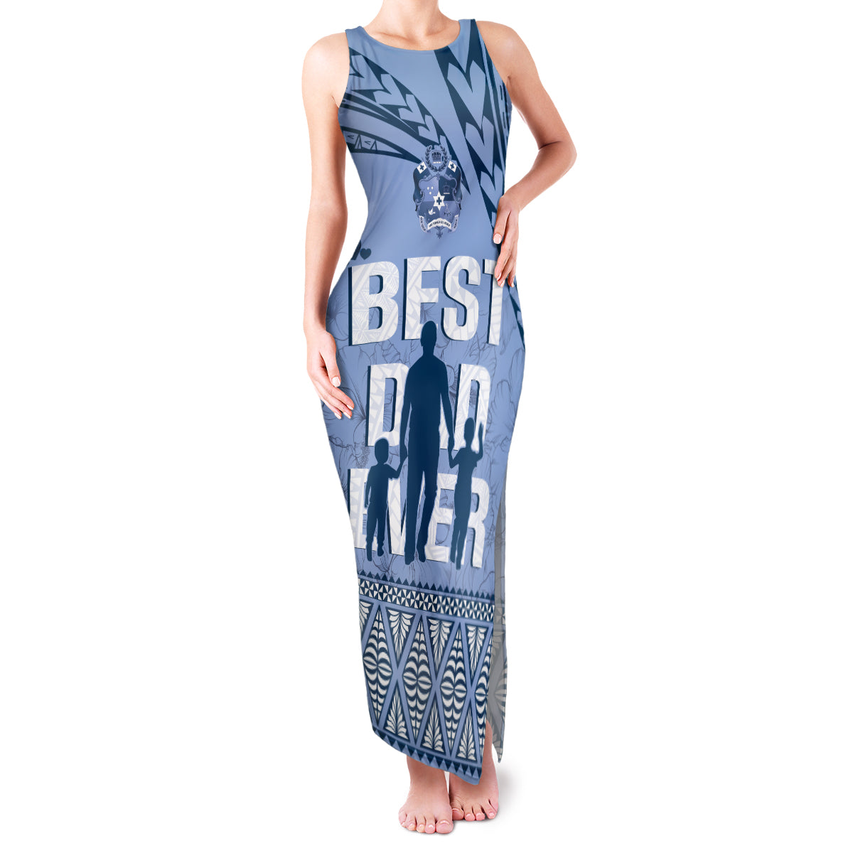 Tonga Father's Day Family Matching Tank Maxi Dress and Hawaiian Shirt Best Dad Ever Tongan Ngatu Pattern - Blue LT14 Mom's Dress Blue - Polynesian Pride